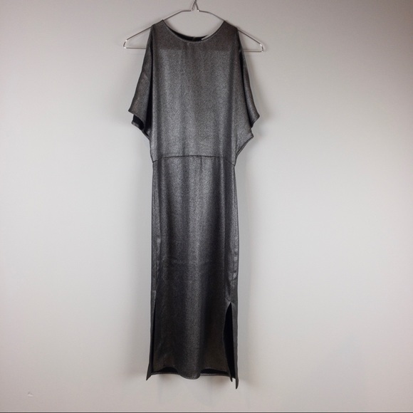 H&M Crepe Midi Dress Silver Cold Shoulder SZ 2 - Picture 2 of 7